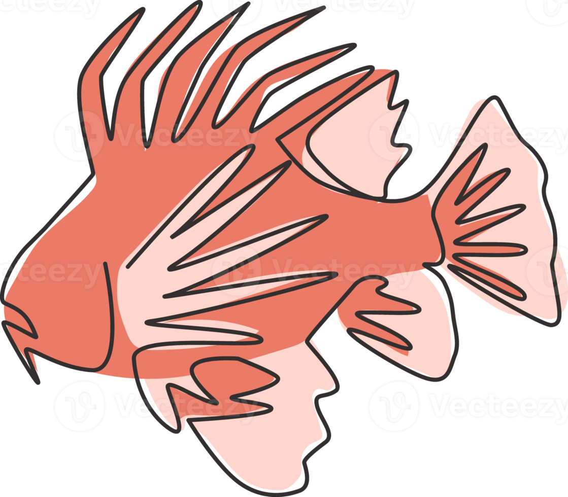 One single line drawing of terrifying lionfish for company logo identity. Underwater fish creature mascot concept for sea world show icon. Modern continuous line draw design vector illustration png