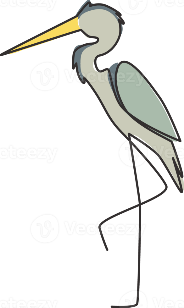 disegno a linea continua di adorabile airone in piedi per l'identità del logo aziendale. concetto di mascotte di uccelli d'acqua dolce con le gambe lunghe per l'icona di conservazione. illustrazione vettoriale di design moderno a una linea di disegno png