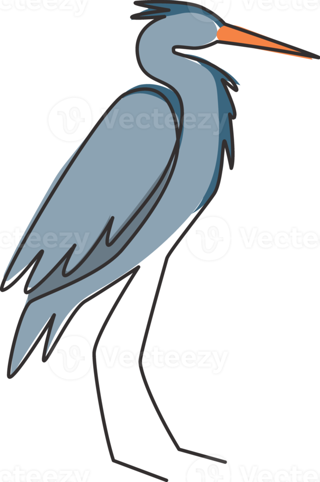 Single continuous line drawing of adorable standing heron for company logo identity. Long beak bird mascot concept for national conservation park icon. Modern one line draw design vector illustration png