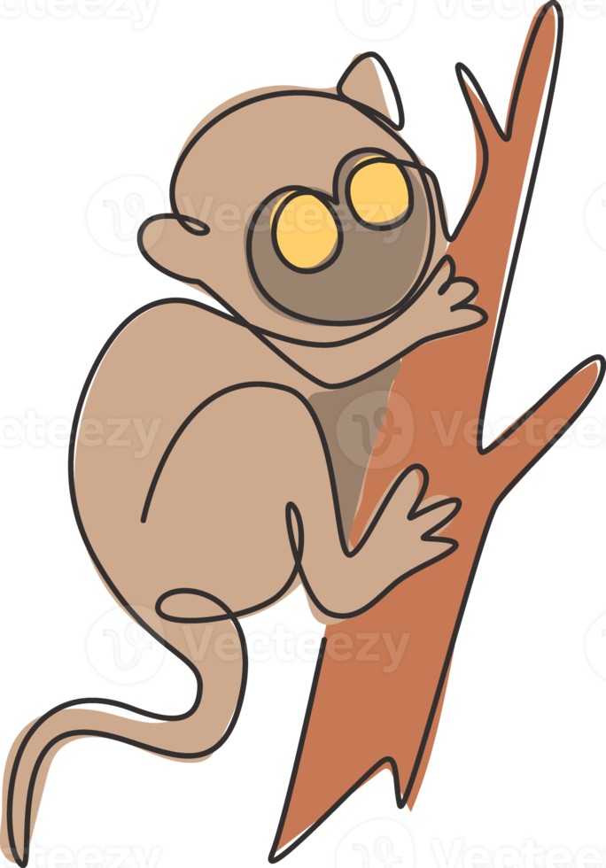 Single continuous line drawing of adorable tarsier for company logo identity. Tiny monkey animal mascot concept for national conservation park icon. Modern one line draw design vector illustration png