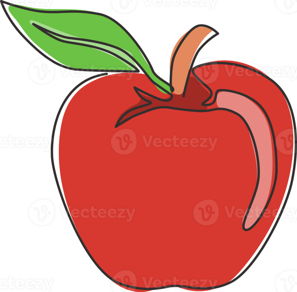 enkele doorlopende lijntekening van hele gezonde biologische appel voor de identiteit van het boomgaardlogo. vers zomerfruitconcept voor fruittuinpictogram. moderne één regel grafisch ontwerp vectorillustratie png