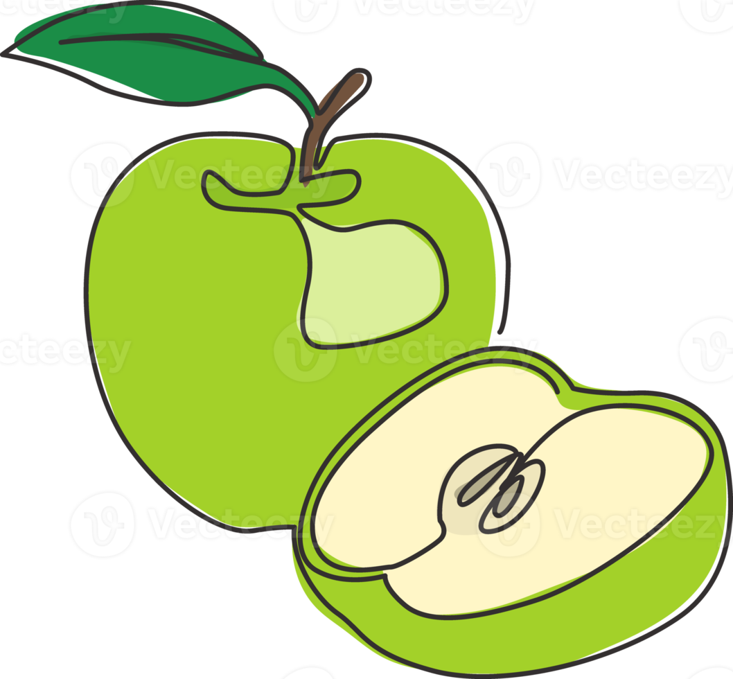 eine durchgehende Strichzeichnung in Scheiben geschnitten und ganze gesunde Äpfel organisch für das Logo des Obstgartens. Frisches tropisches Fruchtkonzept für Obstgartenikone. moderne einzeilig zeichnende Grafikdesign-Vektorillustration png