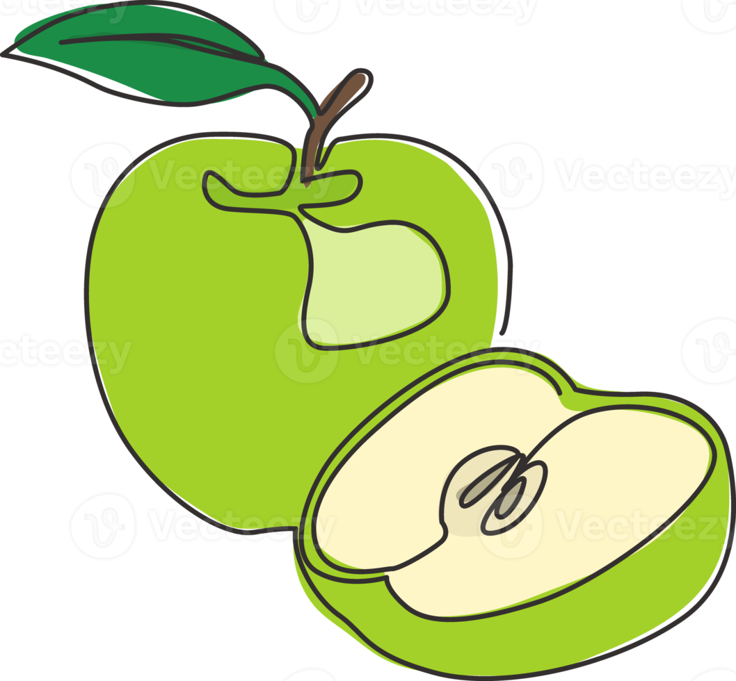 One continuous line drawing sliced and whole healthy apples organic for orchard logo. Fresh tropical fruitage concept for fruit garden icon. Modern single line draw graphic design vector illustration png