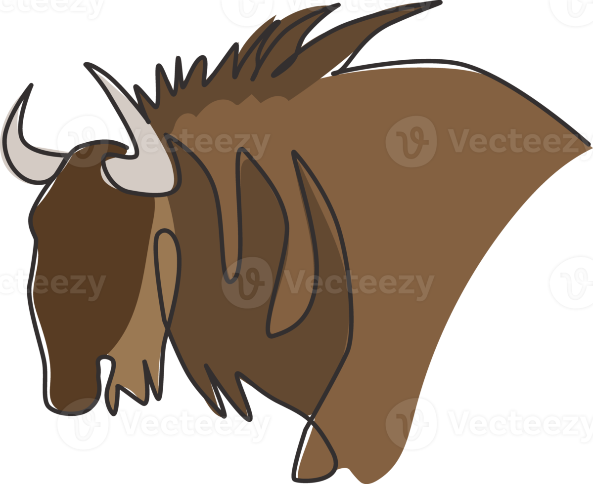 One continuous line drawing of stout wildebeest head for company logo identity. Big gnu mammal mascot concept for national conservation park icon. Modern single line draw design vector illustration png