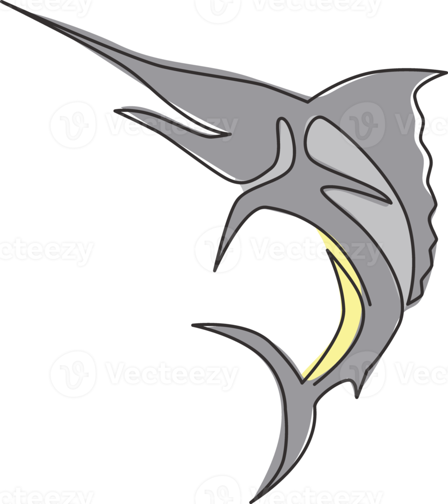 One single line drawing of giant marlin for fresh meat company logo identity. Jumping swordfish mascot concept for seafood can icon. Continuous line draw graphic design vector illustration png