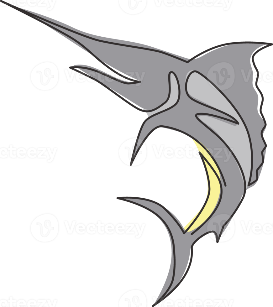 en enda linjeteckning av gigantisk marlin för företagslogotyp för färskt kött. hoppa svärdfisk maskot koncept för skaldjur kan ikon. kontinuerlig linje rita grafisk design vektorillustration png
