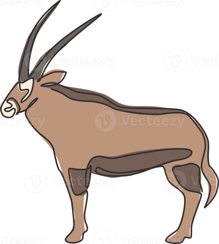 één doorlopende lijntekening van stout oryx voor de identiteit van het bedrijfslogo. grote Afrikaanse antilope zoogdier dier mascotte concept voor safaripark icoon. moderne enkele lijn tekenen ontwerp vectorillustratie png