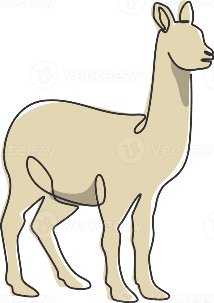 One continuous line drawing of funny alpaca for farm logo identity. Domesticated mammal animal mascot concept for livestock icon. Modern single line draw design vector graphic illustration png