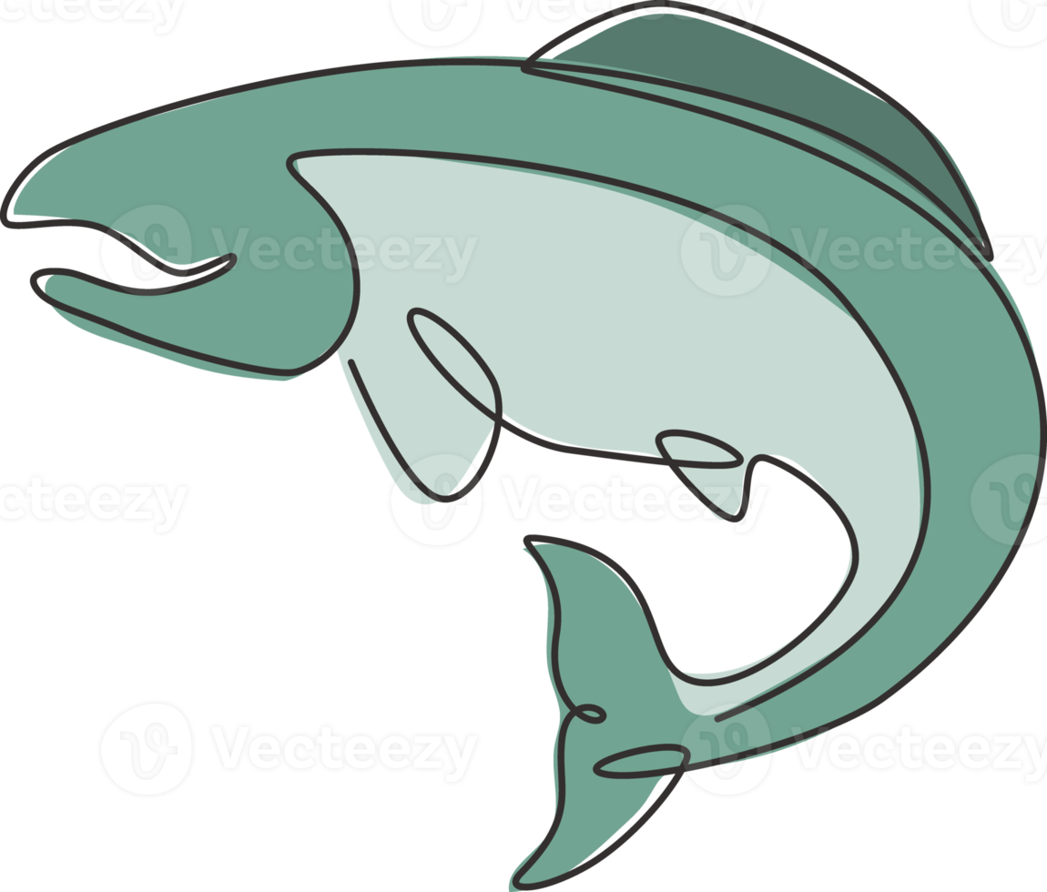 eine durchgehende Strichzeichnung von großen Lachsen für die Identität des Angellogos. Fisch-Maskottchen-Konzept für Fast-Food-Dosen-Symbol. Einzeilige Zeichnung Design Vektorgrafik Illustration png