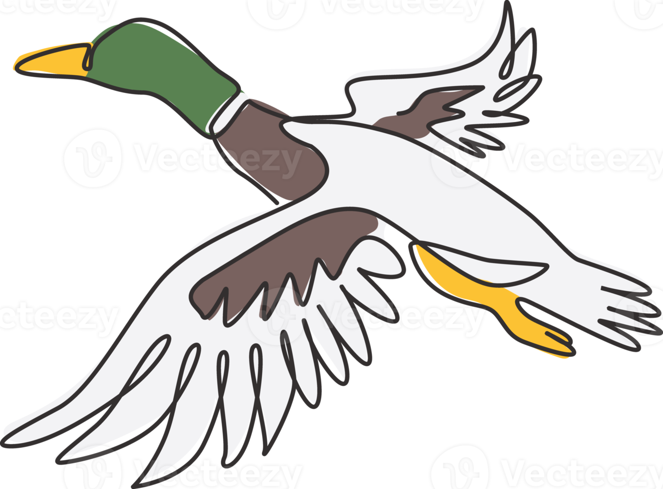 dessin d'une seule ligne d'un adorable canard colvert volant pour l'identité du logo de l'entreprise. concept de mascotte de canard de beauté pour l'icône d'élevage. ligne continue moderne dessiner illustration vectorielle graphique png