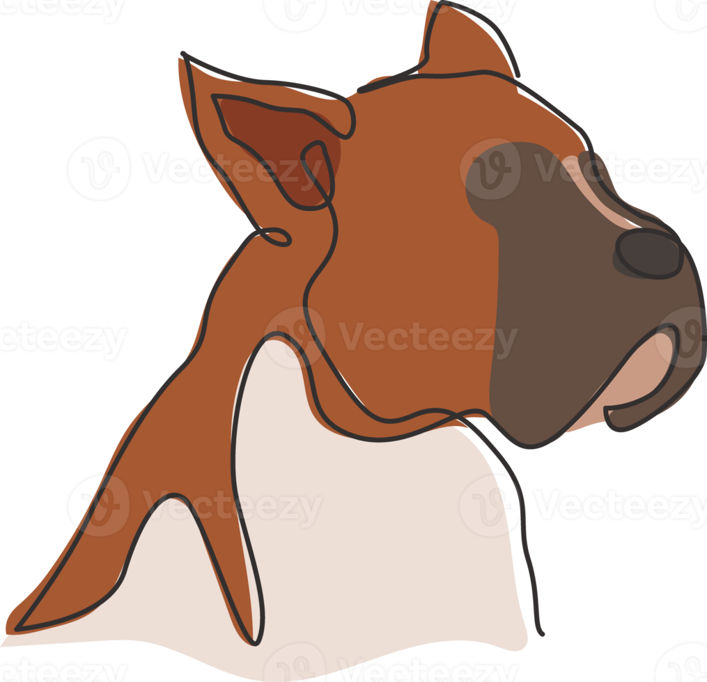 desenho de linha contínua única da cabeça de cão boxeador feroz para a identidade do logotipo da empresa de segurança. conceito de mascote de cão de raça pura para ícone de animal de estimação amigável de pedigree. ilustração em vetor moderno desenho de uma linha png