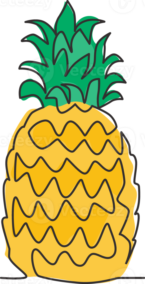 een doorlopende lijntekening hele gezonde biologische ananas voor de identiteit van het boomgaardlogo. vers zomerfruitconcept voor fruittuinpictogram. moderne enkele lijn tekenen ontwerp grafische vectorillustratie png