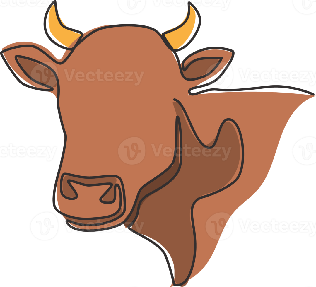 Single continuous line drawing of plump cow head for farming logo identity. Mammal animal mascot concept for livestock icon. One line graphic draw design vector illustration png