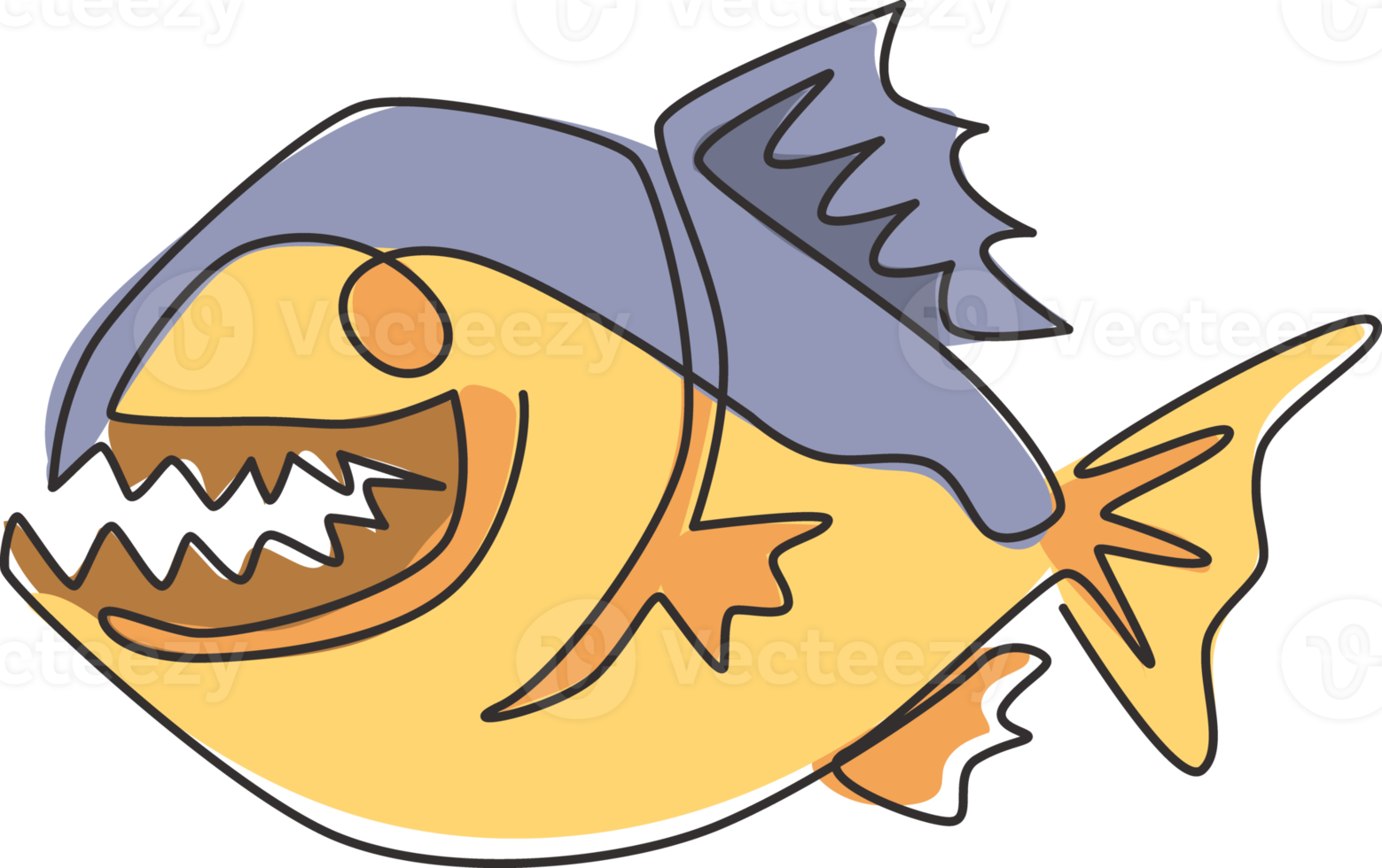 un unico disegno a tratteggio di un piranha arrabbiato per l'identità del logo. Concetto della mascotte del pesce del fiume amazon per l'icona della creatura mostro. illustrazione vettoriale di disegno di disegno grafico a linea continua png