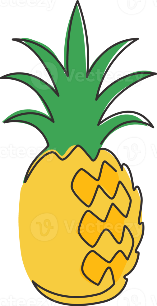 One continuous line drawing whole healthy organic pineapple for orchard logo identity. Fresh summer fruitage concept for fruit garden icon. Modern single line draw design vector graphic illustration png