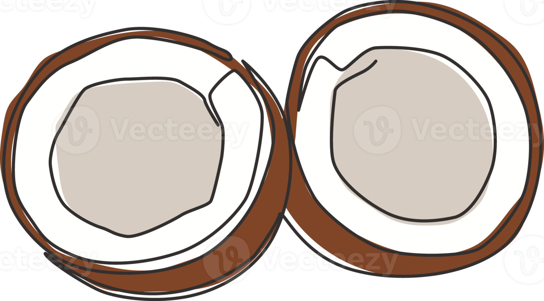 un dibujo de una sola línea de medio coco orgánico saludable cortado en rodajas para la identidad del logotipo de la huerta. concepto de fruitage fresco para el icono de jardín de frutas. Ilustración de vector de diseño gráfico de dibujo de línea continua moderna png