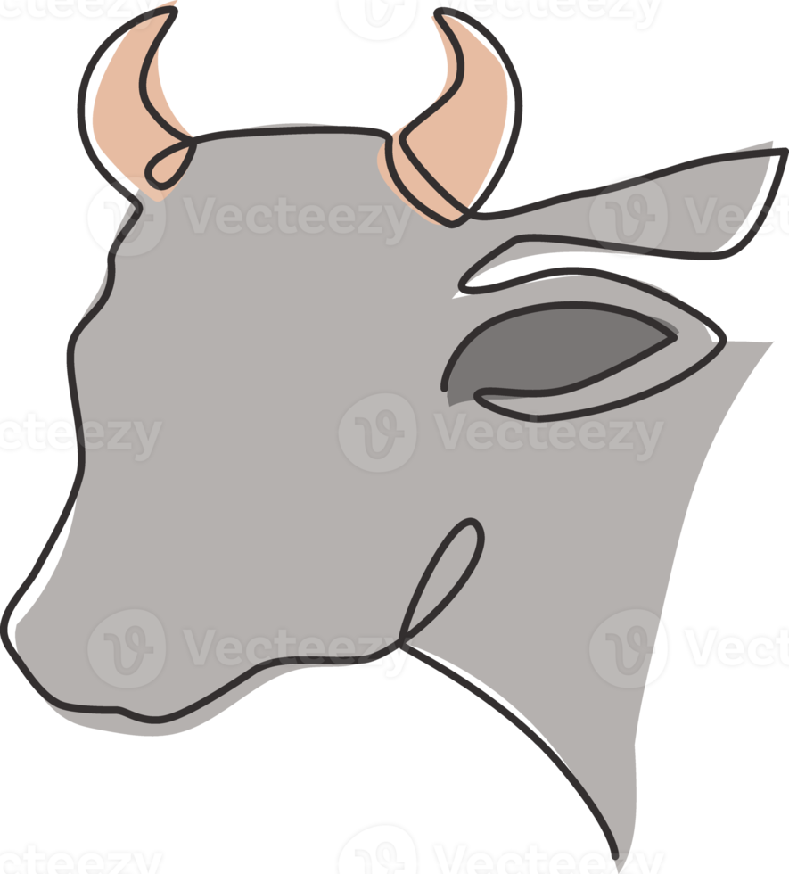 One continuous line drawing of sturdy cow head for agriculture logo identity. Mammal animal mascot concept for farming icon. Single line graphic draw design vector illustration png