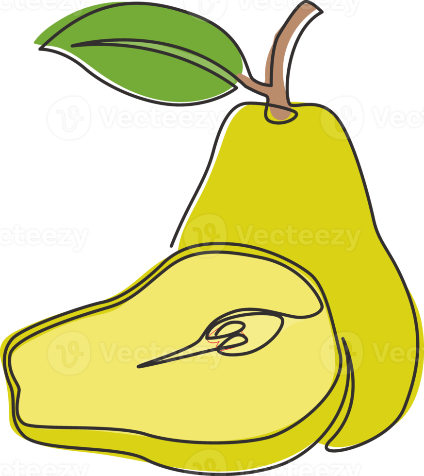 eine durchgehende Strichzeichnung von geschnittenen und ganzen gesunden Birnen aus biologischem Anbau für die Logoidentität des Obstgartens. Frisches Sommerfruchtkonzept für Obstgartensymbol. moderne Single-Line-Draw-Design-Vektor-Illustration png