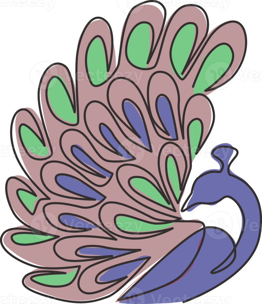 One continuous line drawing of beauty adorable peacock for company logo identity. Big pretty bird mascot concept for national zoo icon. Modern single line draw design vector illustration graphic png
