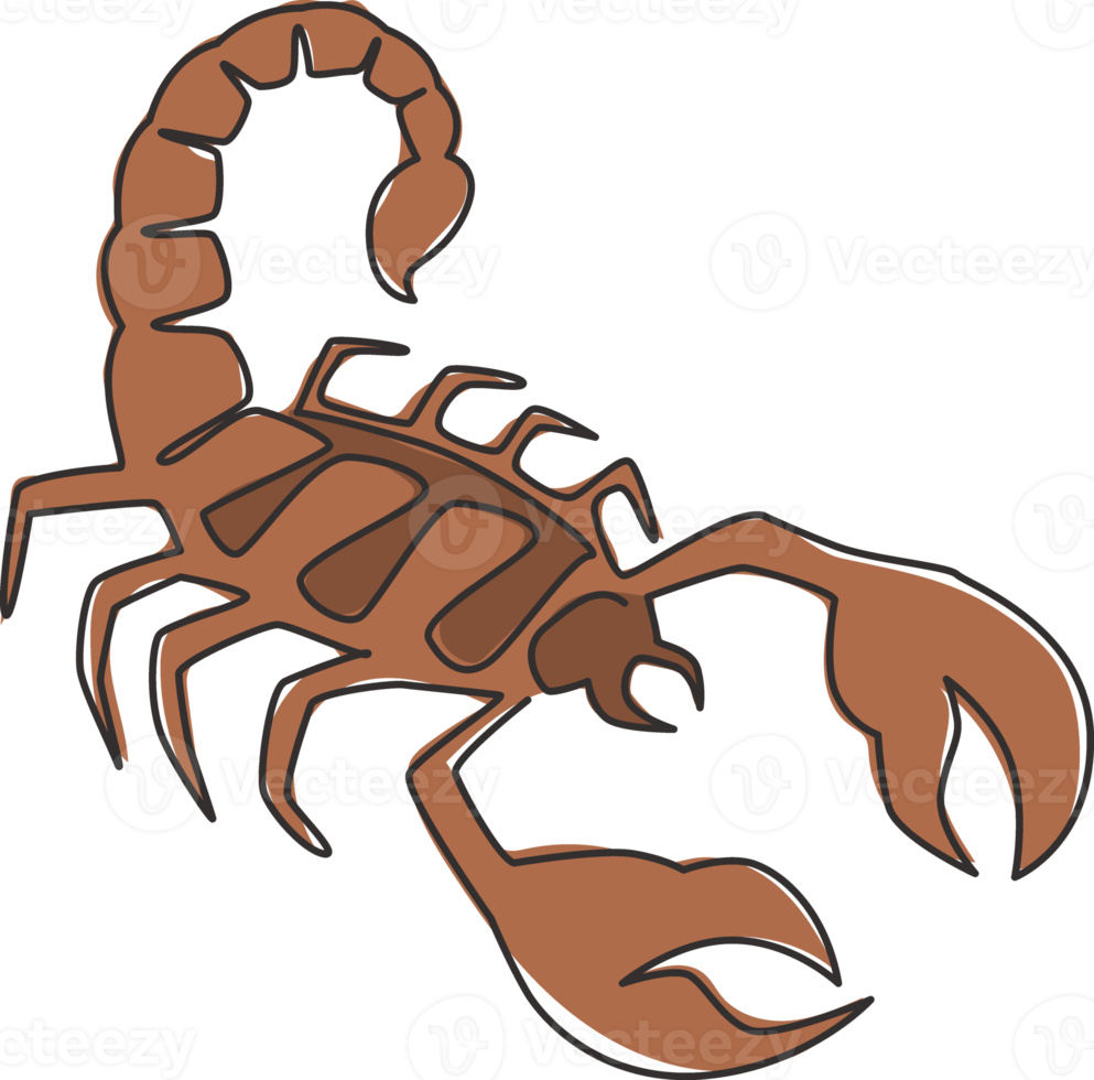 un disegno a linea continua di scorpione di pericolo per l'identità del logo aziendale. concetto di mascotte di insetto pericoloso per icona di liquido velenoso. illustrazione grafica vettoriale di disegno di disegno a linea singola png