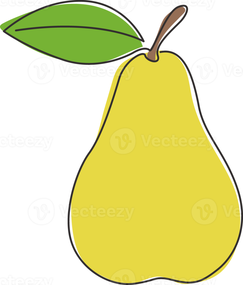 Single continuous line drawing of whole healthy organic pear for orchard logo identity. Fresh summer fruitage concept for fruit garden icon. Modern one line draw design vector graphic illustration png