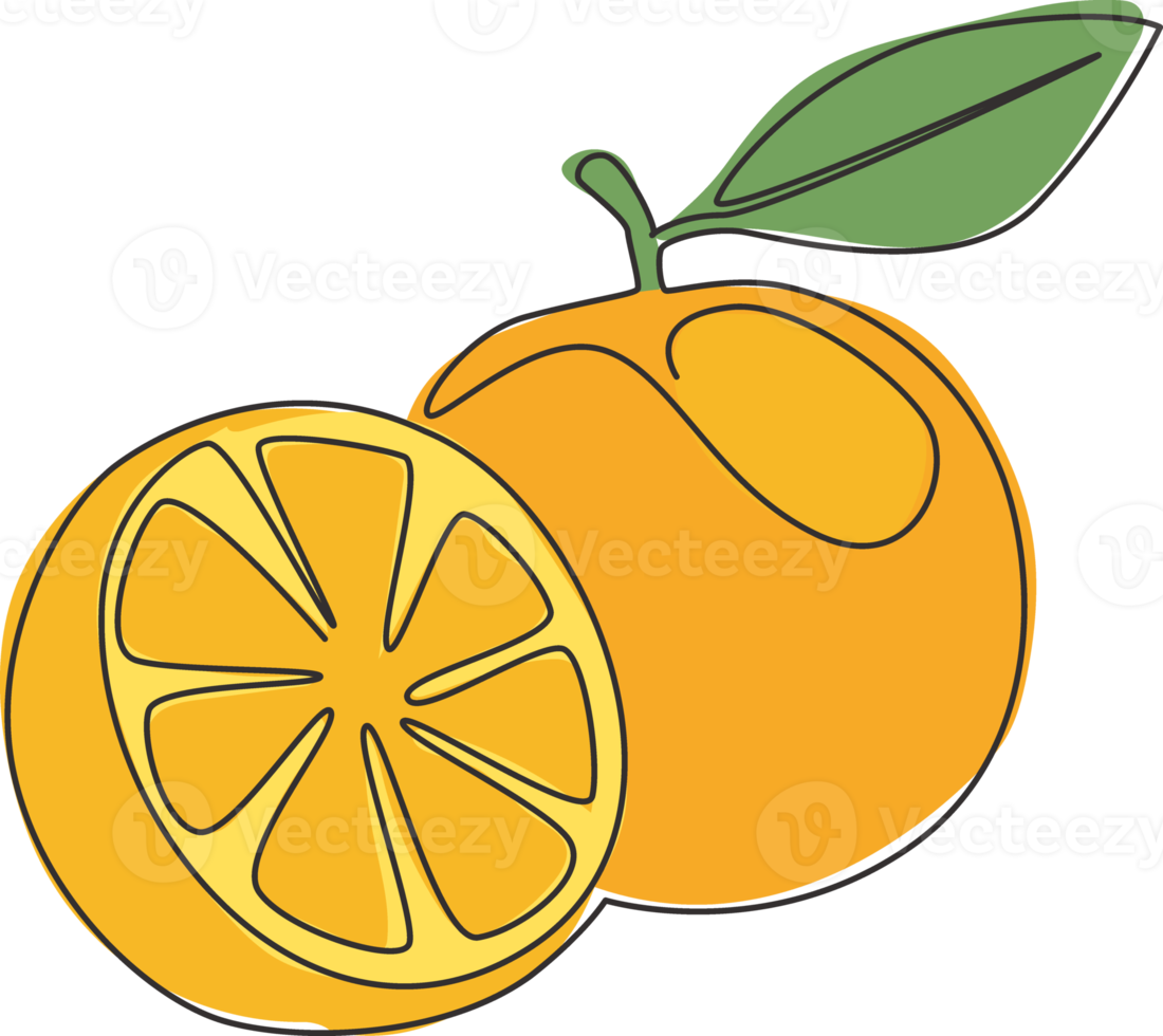 desenho de linha única fatiada laranja orgânica saudável para a identidade do logotipo do pomar. conceito de frutas tropicais frescas para ícone de jardim de frutas. ilustração em vetor design gráfico moderno linha contínua png