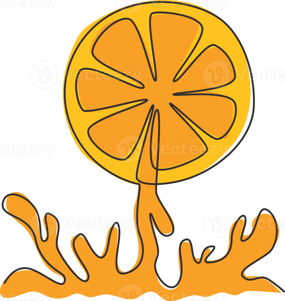 Single one line drawing of sliced healthy organic orange for orchard logo identity. Fresh splashed summer fruitage concept for fruit drink icon. Modern continuous line draw design vector illustration png