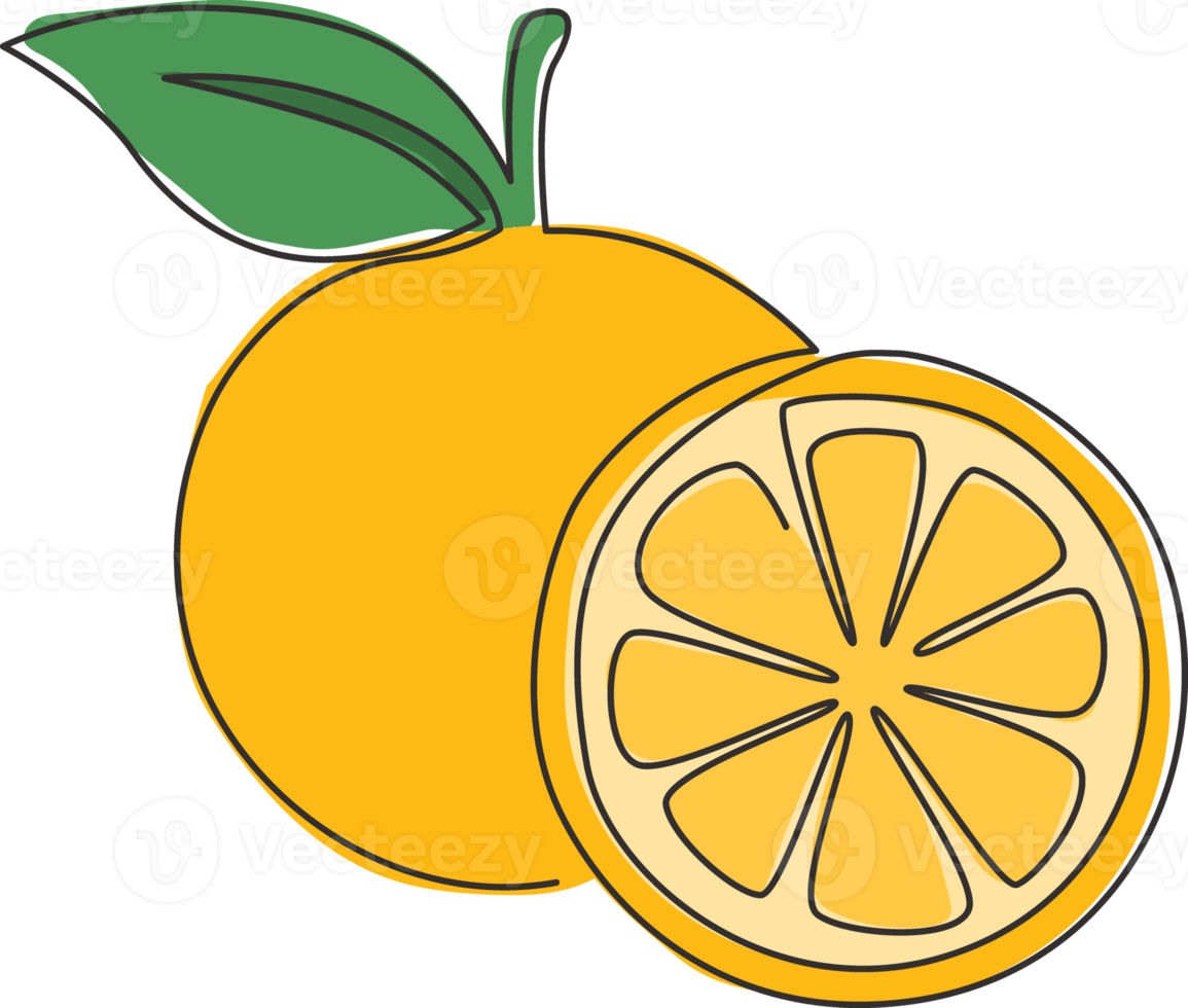 enda kontinuerlig linjeritning av skivad och hel hälsosam ekologisk apelsin för fruktträdgårdslogotyp. färsk sommar frukt koncept för fruktjuice ikon. moderna en rad rita design vektorillustration png