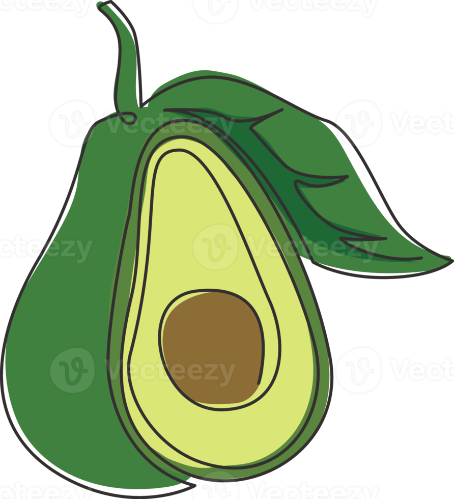 desenho de linha única contínua abacate orgânico saudável inteiro e fatiado para identidade do logotipo do pomar. conceito de fruta fresca para ícone de jardim de frutas. ilustração gráfica de vetor moderno desenho de uma linha png