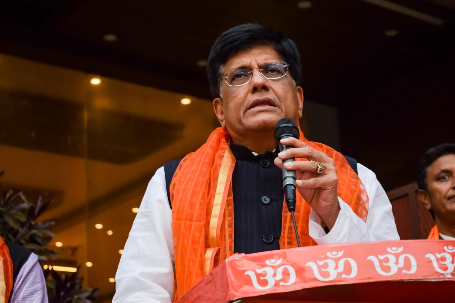 New Delhi, India - MARCH 27 2023 - Piyush Goyal Cabinet Minister and core member of Bharatiya Janata Party BJP during a rally in support of BJP candidate ahead of MCD local body Elections 2022 photo