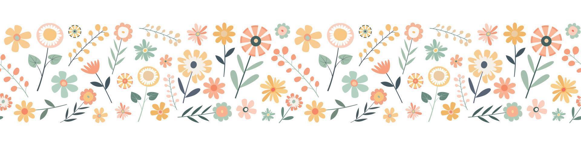 Cartoon pastel floral seamless border pattern. Isolated on white background. Colorful garden flowers in a row. Design for web, labels, and banners vector