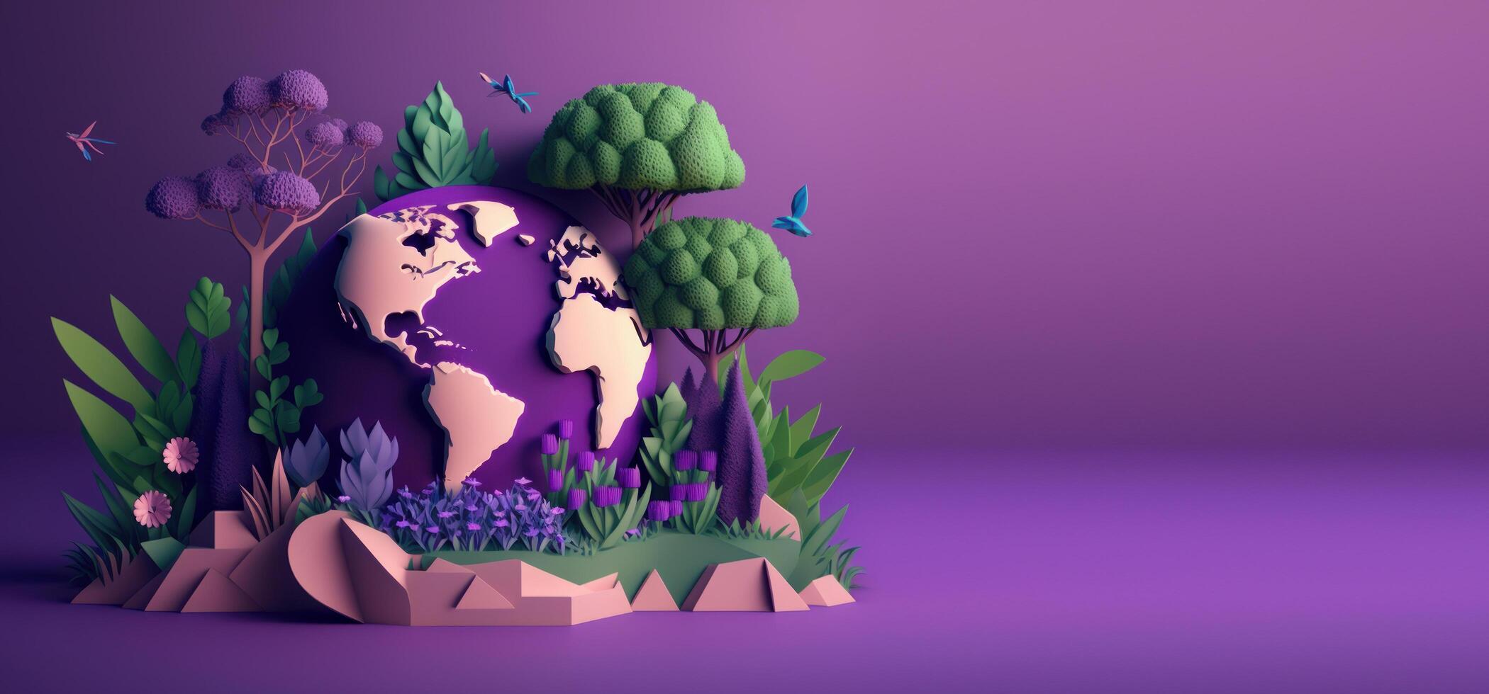 World environment day on purple background in paper cut style, Earth day. photo