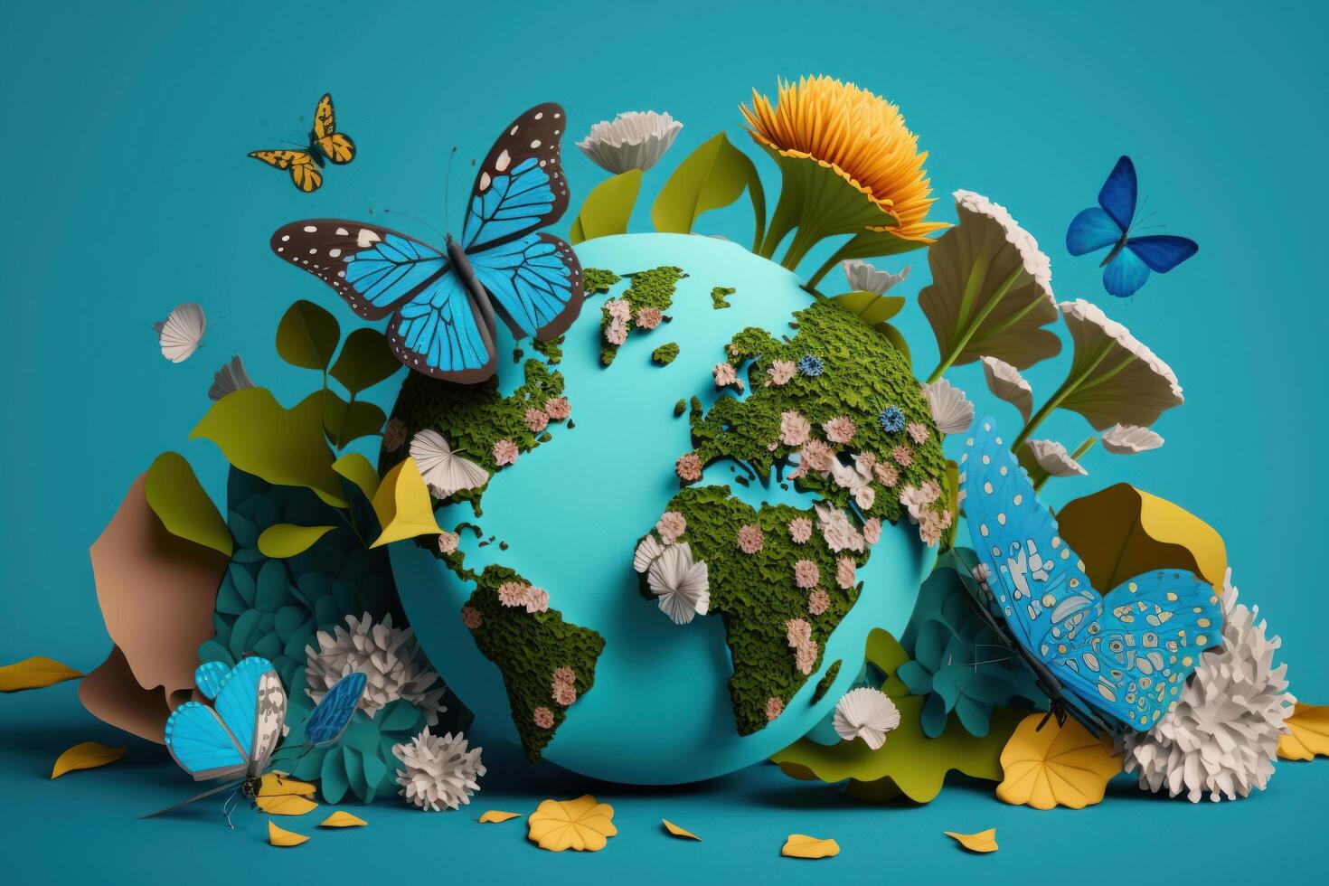 World environment day background with flower and butterfly, Earth day. photo