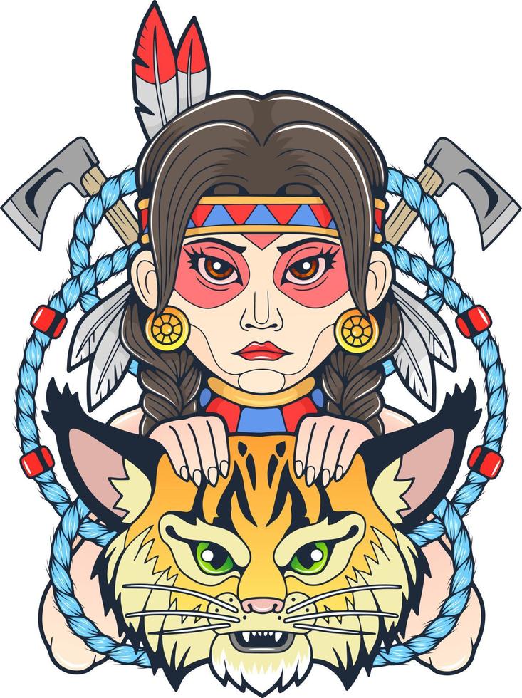 cute native american girl with lynx, design illustration vector