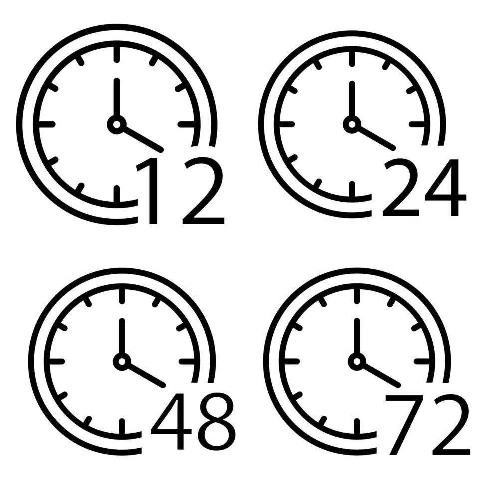 conjunto de hora iconos, flecha horas 12, 24,48 y 72, entrega Servicio tiempo, trabajo hora reloj, Delgado línea web símbolos vector