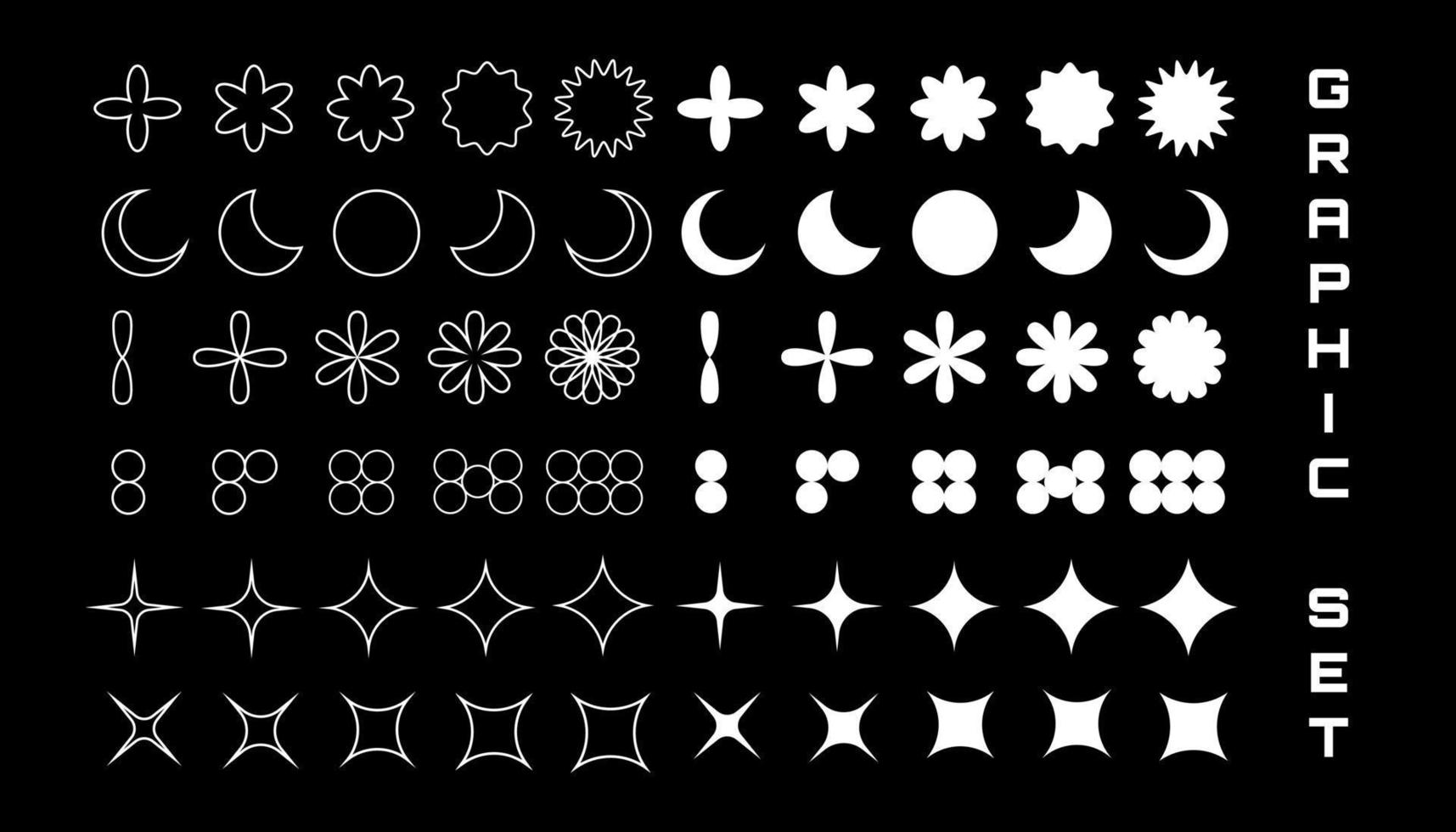 Collection of vector Y2K graphic elements, stars, moon, abstract shapes.