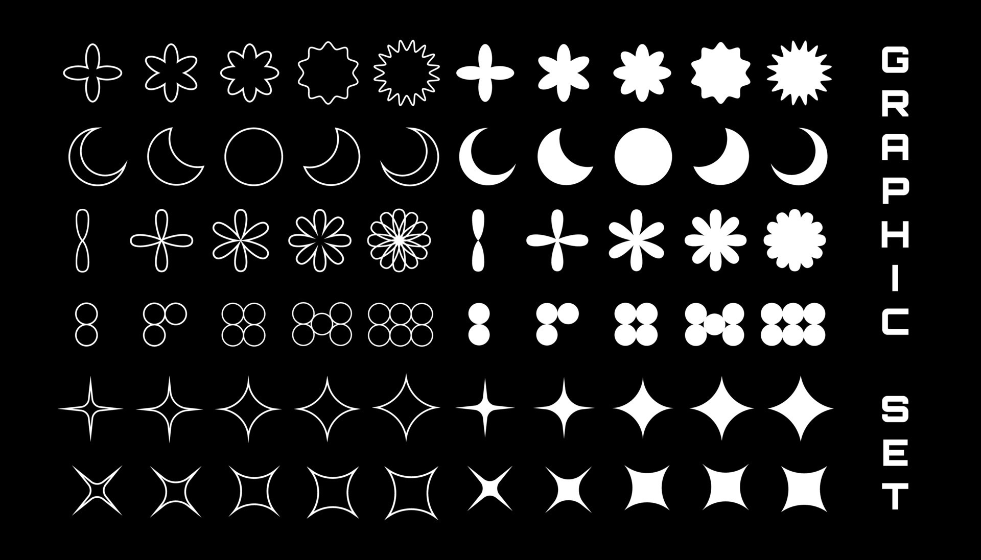 Collection of vector Y2K graphic elements, stars, moon, abstract shapes ...