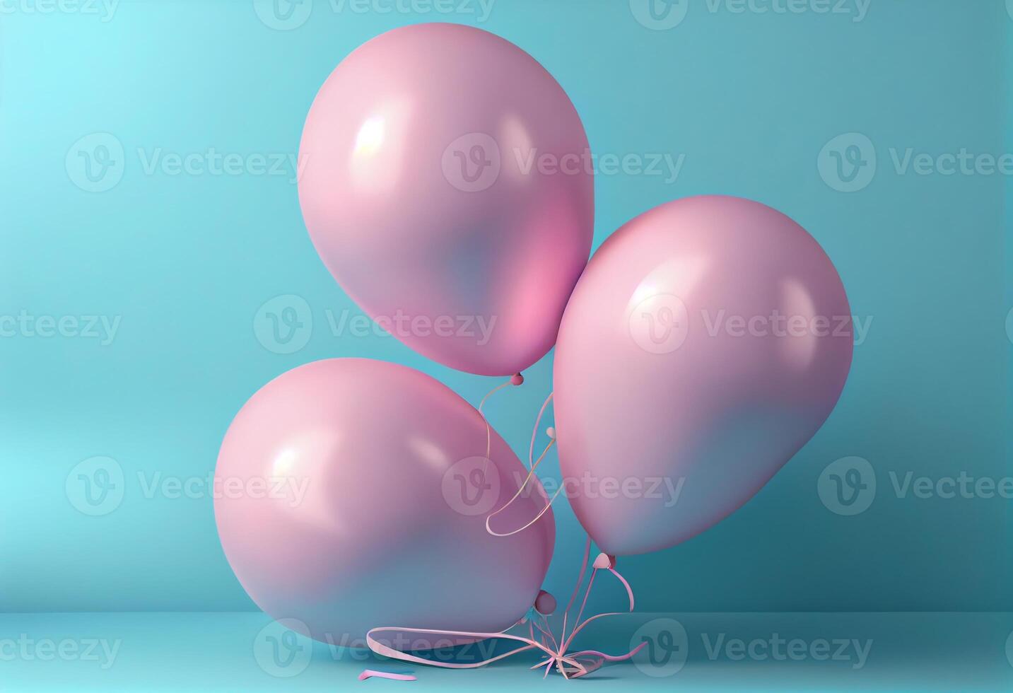 rosado globos en un pastel azul antecedentes. 3d hacer ilustración. generar ai foto