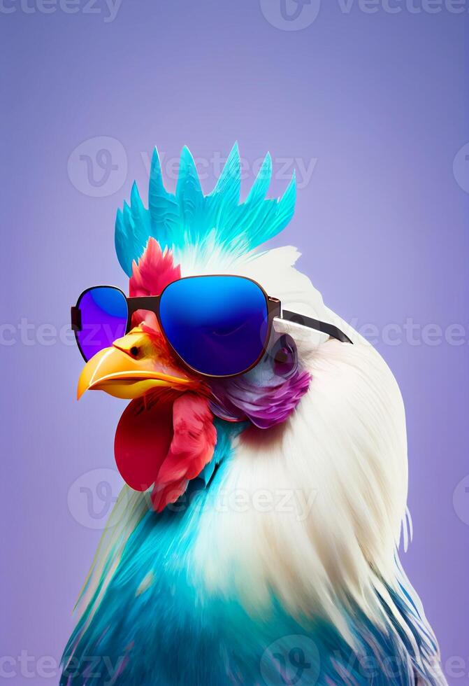 Creative animal composition. Chicken wearing shades sunglass eyeglass isolated. Pastel gradient background. With text copy space. Generate Ai photo