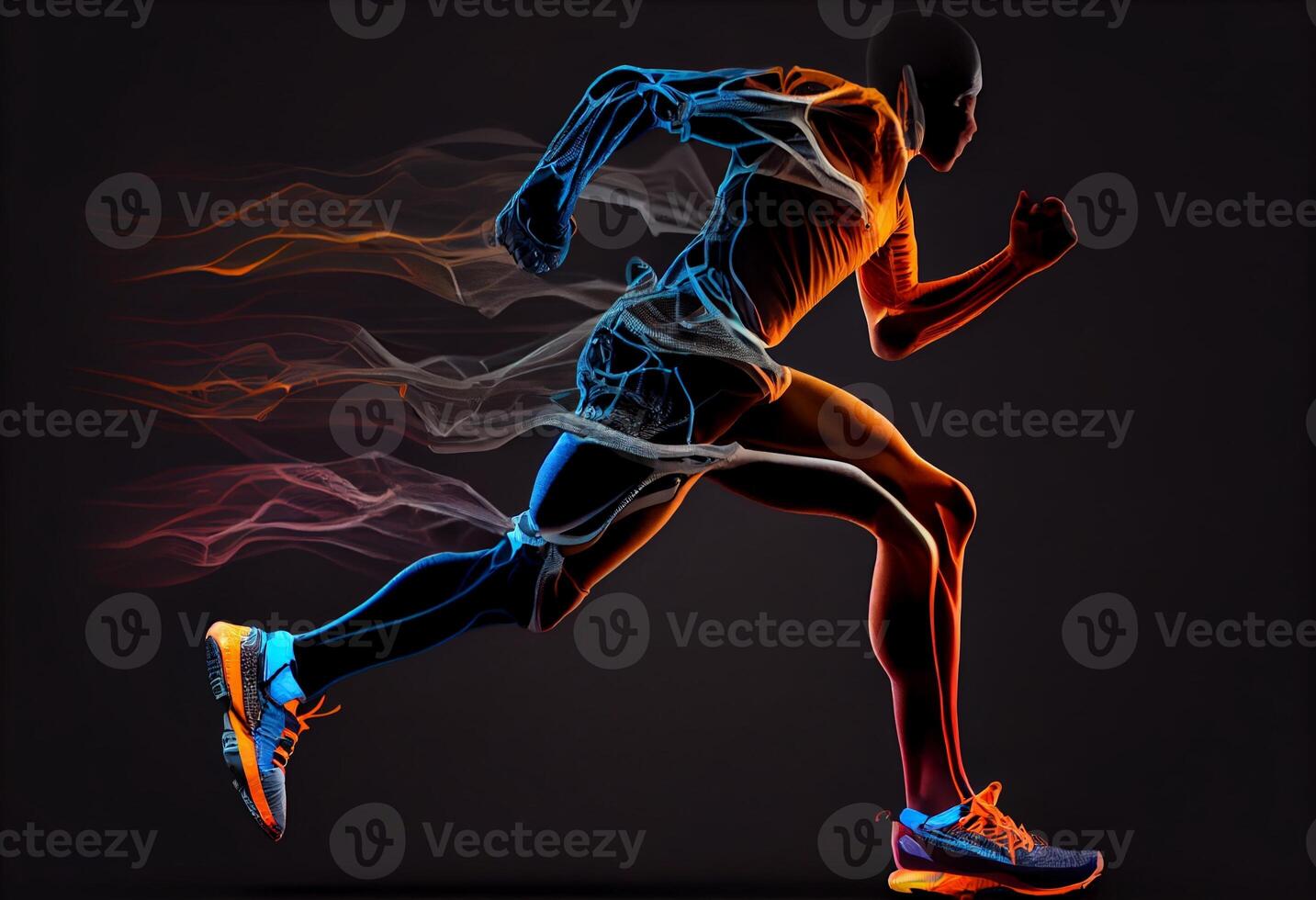 Sport Runner , Side profile view of sporty energetic serious healthy dynamic , Side view of a jogger legs with the power in the veins isolated. Generate Ai photo