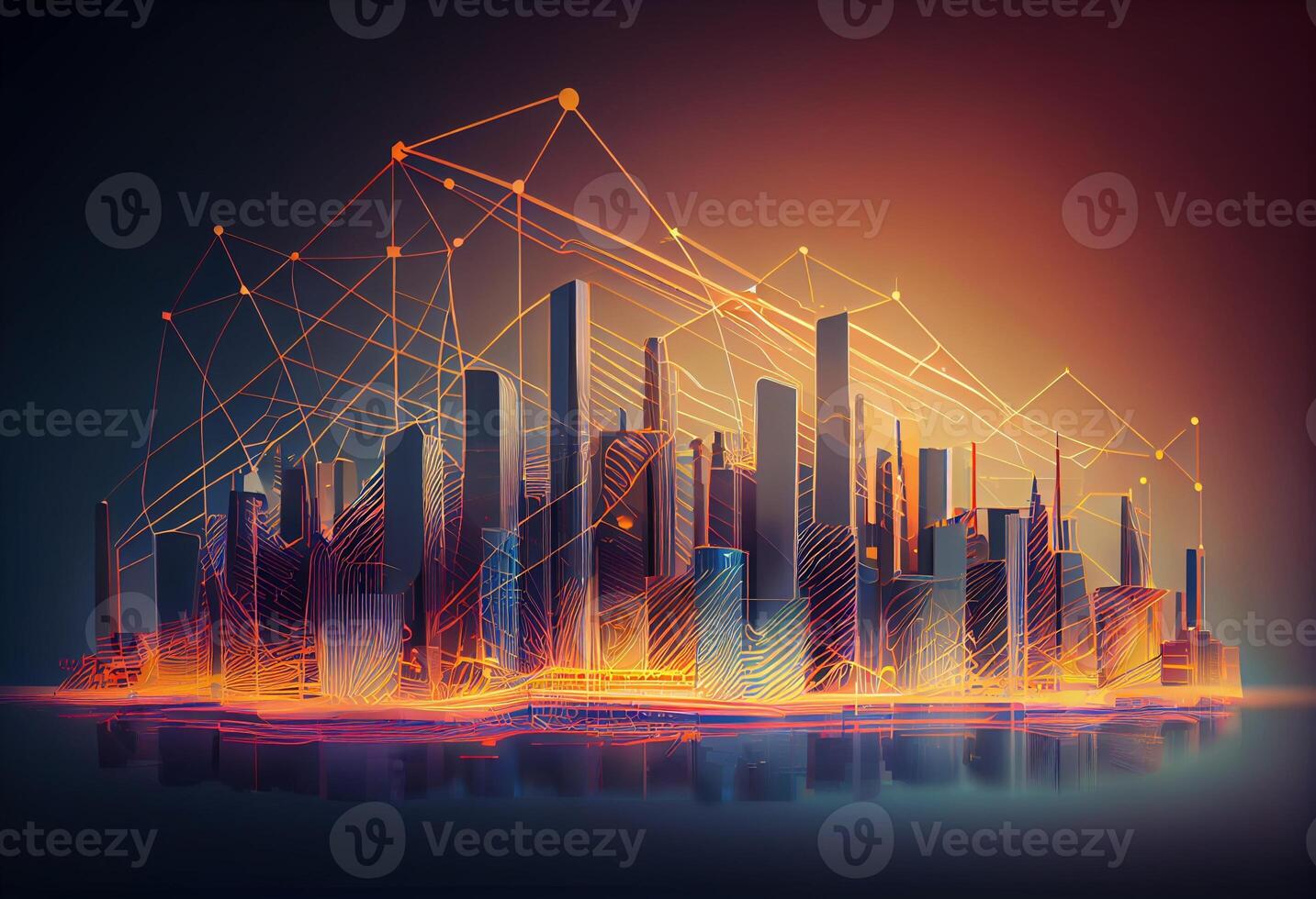 Smart city and abstract line and dot connect with gradient line design , big data connection technology concept. 3d render . Generate Ai photo