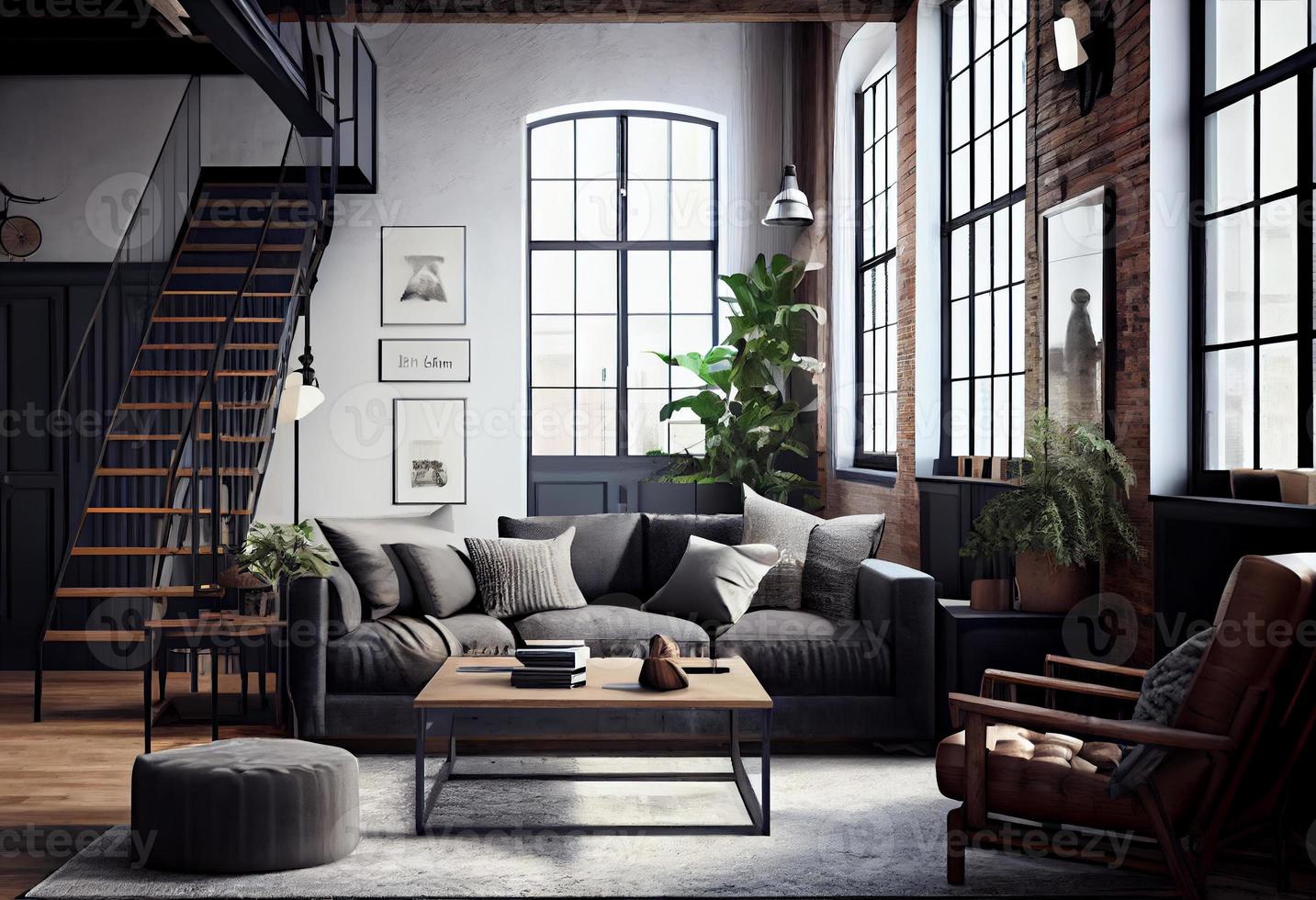 Living room loft in industrial style ,3d render. Generate Ai. photo