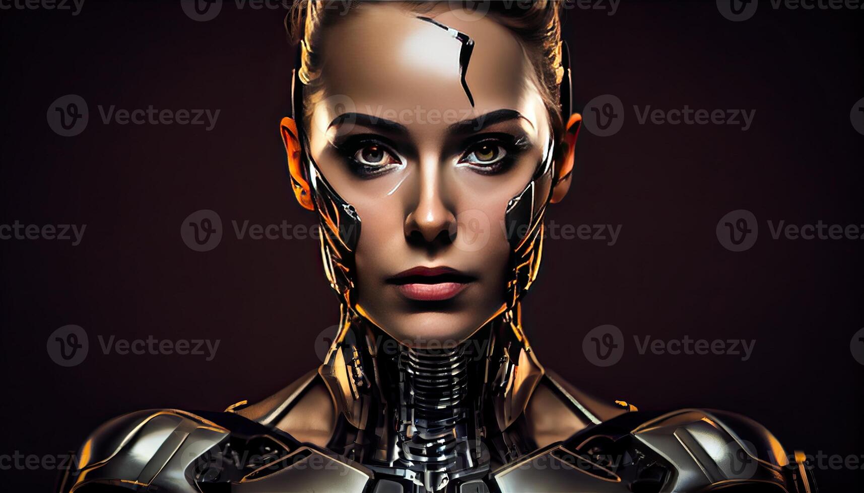 Robot woman look in camera on black background . Generate Ai. photo