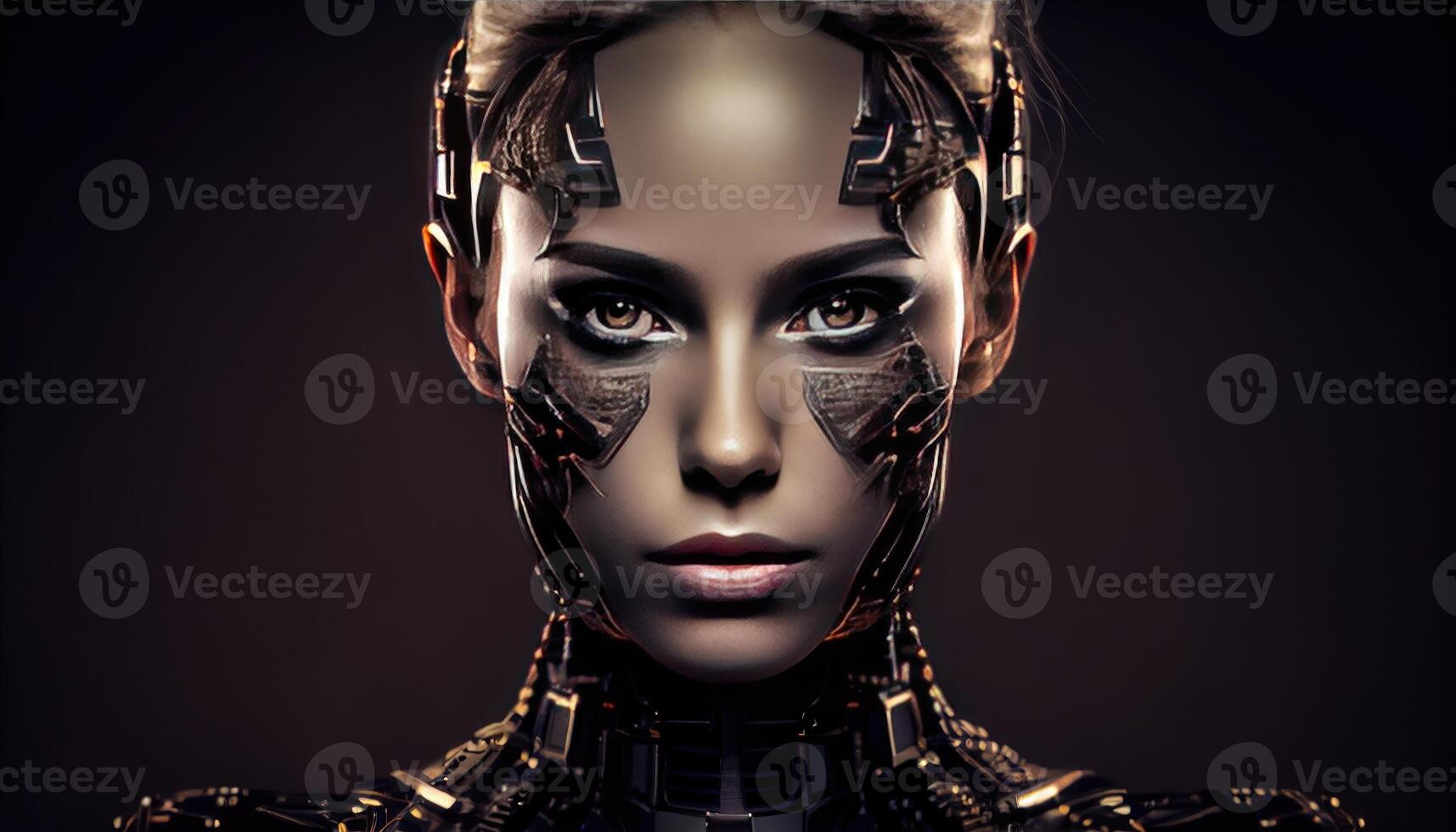 Robot woman look in camera on black background . Generate Ai. photo