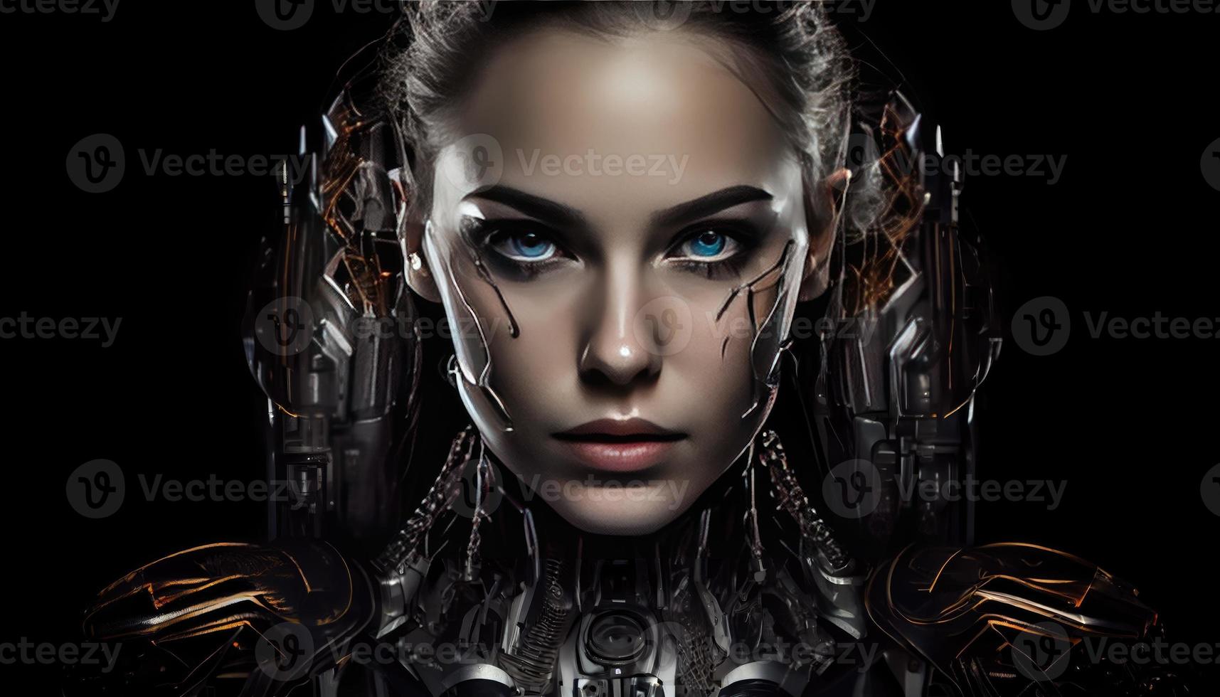 Robot woman look in camera on black background . Generate Ai. photo