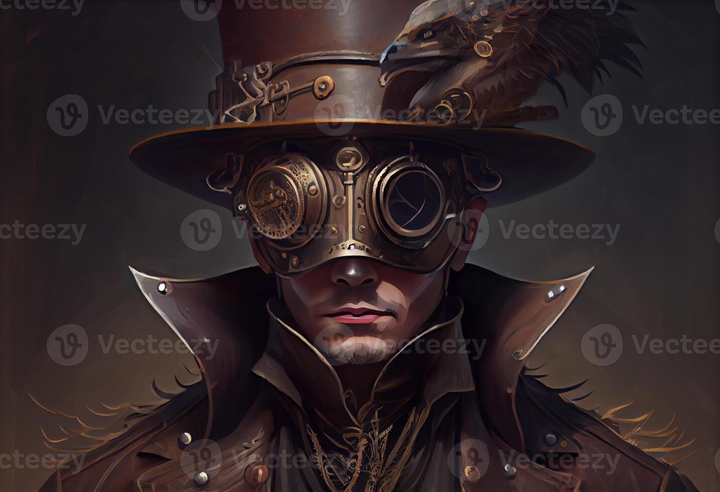 a man wearing a steampunk hat and a steampunk mask, fantasy art, steampunk. Generate Ai photo