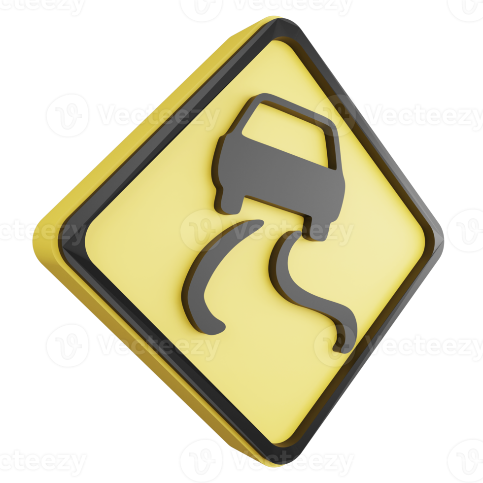 3D render slippery road sign icon isolated on transparent background, yellow cautionary sign png