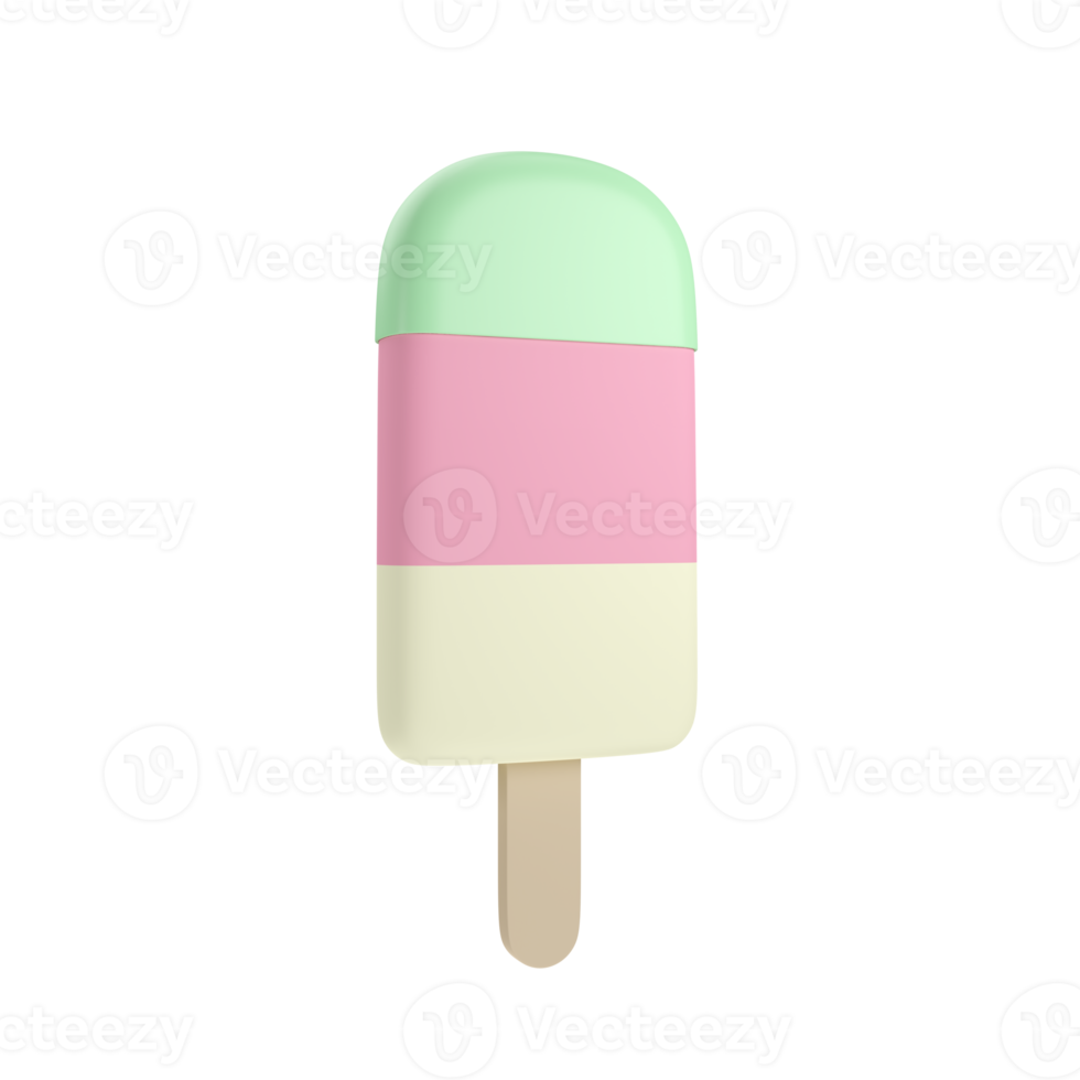 mint-coated on strawberry and vanilla ice cream dessert with a wooden ice cream stick in Beach Concept Summer Theme, PNG transparent background, 3D element, 3D illustration