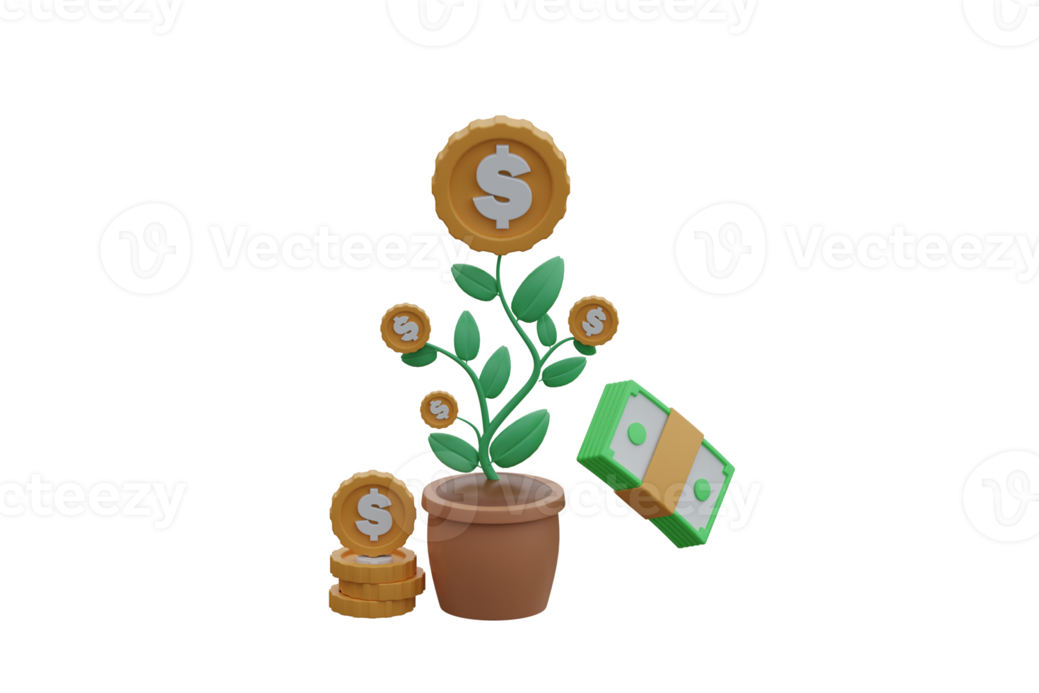 Money tree with coin dollar and cash. Financial investment business development. 3D Rendering concept of money investment growth. png