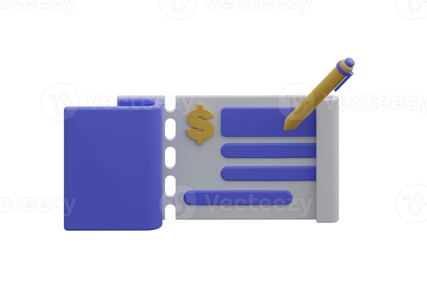 3D bank cheque with pen. Illustration records of financial business transactions. png